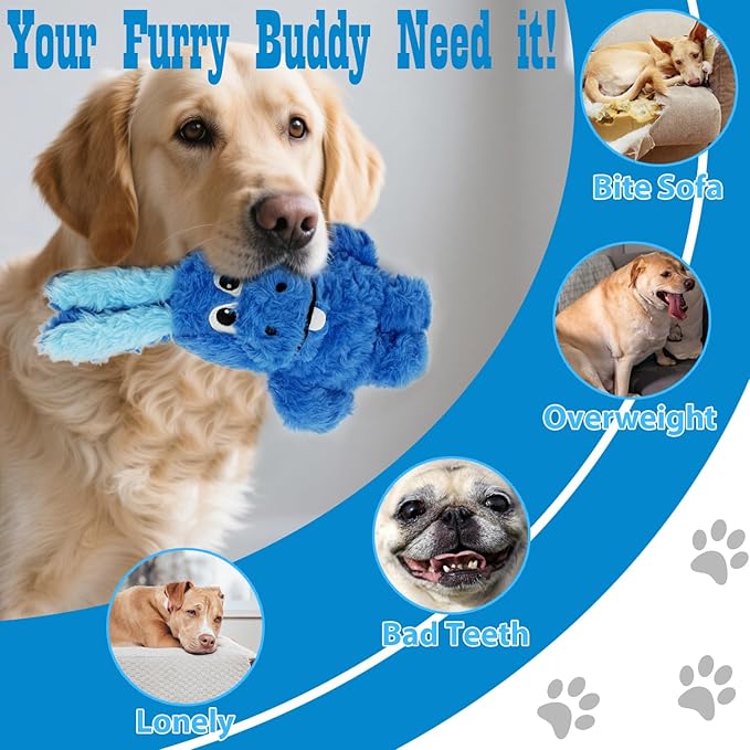 Squeaky Dog Toy Plush, Stuffed Crinkle Tug of War Dog Toy Keep Them Busy Animal Pet Puppy Interactive Birthday Toy for Small Medium Large Dogs (Blue)