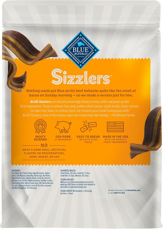 Blue Buffalo Sizzlers Bacon-Style Dog Treats with Real USA Pork, Cheddar Flavor, 15-oz Bag