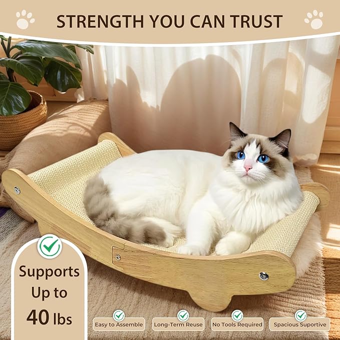 2-in-1 Natural Sisal Cat Scratcher Bed for Indoor Cats – Large Wooden Hammock Lounge Furniture with Solid Oak Frame, Easy Assembly for Large Cats Resting & Scratching