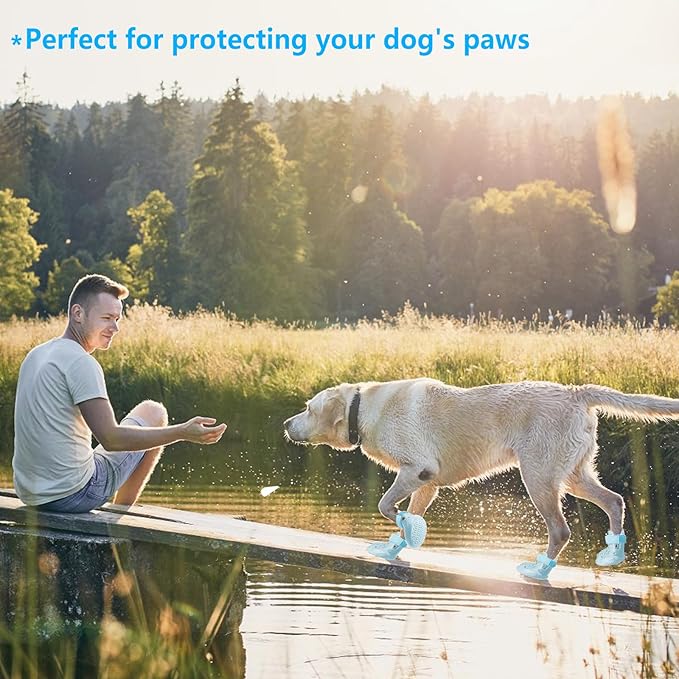 Dog Shoes, Dog Sandals for Hot Pavement, Non-Slip Waterproof Dog Booties for Winter Snowy Day and Summer, Adjustable Straps Easy-Clean Beach Outdoor Pet Boots Rugged Sole-4Pcs Blue