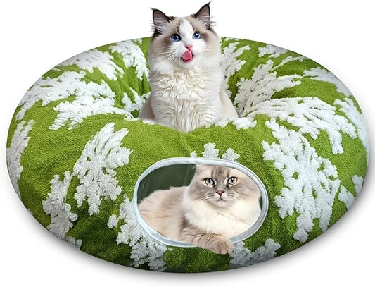 Cat Tunnel Bed for Indoor Cats, Cute Cat Donut Tunnel with Washable Circle Cushion, Under Christmas Tree Soft Plush Peekaboo Cat Cave Toy for Kitten, Puppy, Rabbit (Green)