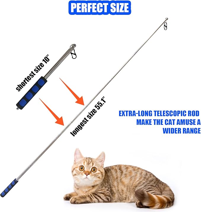 Retractable Cat Wand, 7 Pack Super Long 55.1" Wand Toy with Ball of Yarn, Feather Teasers - Interactive Indoor Cat Toys for Kittens & Cats
