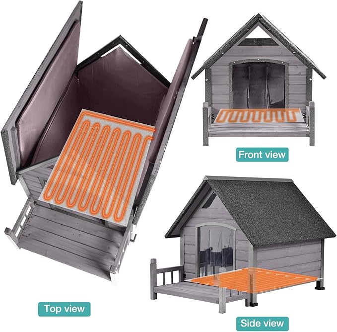 Insulated Dog House with Heating Pad, Weatherproof Outdoor Kennel for Large Dogs, Chew-Resistant Iron Frame & Asphalt Roof (Grey-H, L)