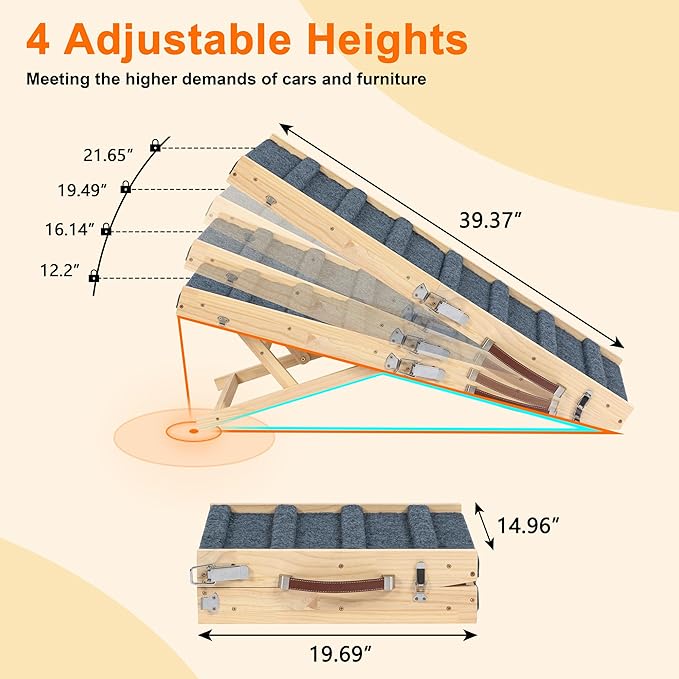 Clikuutory 2025 Upgraded Dog Ramp for Couch, 39.4" Foldable Small Dog Ramp for Bed, 4 Adjustable Height from 13" to 22", Portable Stable Pet Steps with Anti-Slip Carpet for Low Bed Couch Stairs, Wood