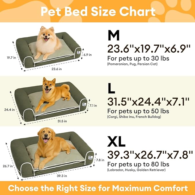 FUNNY FUZZY Orthopedic Dog Bed – Washable Dog Bed with Double Layer Plush Cushion Sofa Style Design with Bolstered Sides for Small Medium & Large Dogs Removable Cover L Size (31.5"x24.4"x7.1") Green