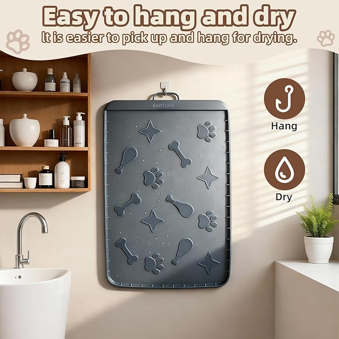 Silicone Cat Litter Mat with Collection Pocket, 42" x 28" Large Cat Litter Box Mat Waterproof Anti-Slip Litter Trapping Mat with Edge and Handle Pet Placemat for Floors (Dark Grey)