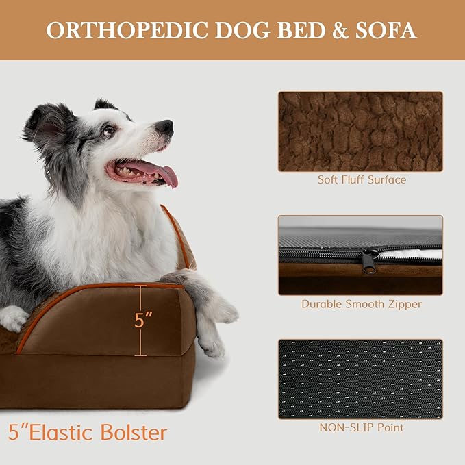 Comfort Expression Orthopedic Dog Bed for Extra Large Dogs 53x42 Inch, Waterproof Egg Crate Foam XXL Pet Bed with Removable Bolsters, Dog Couch with Washable Cover & Non-Slip Bottom, Dark Brown