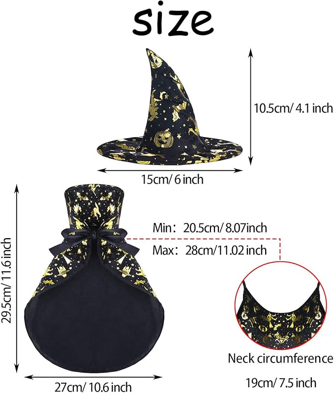 Frienda 2 Pieces Halloween Cat Costume Funny Wick Pet Vampire Cloak Witch Cape and Hat for Kitten Puppy Small Cat Dog Cosplay Halloween Party Supplies(Glitter Pumpkins)