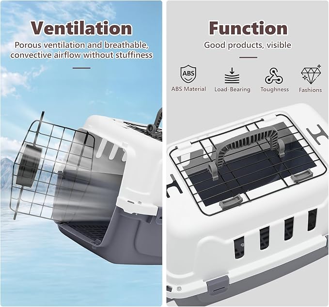 Athena Collection 18" Hard-Sided Travel Pet Carrier for Small Dogs and Cats, Plastic Dog Crate with 2-Door Top & Front Load & Ventilation & Security Lock, Cat Dog Carrier for Pet, up to 10lbs, Grey