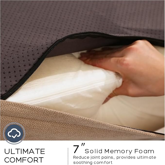 Jumbo Orthopedic Dog Bed for Large Dogs - 7-inch Thick Memory Foam Dog Bed with Pillow Removable Cover Machine Washable (Off-White | Textured Plush), 50''L x 34''W x 10''Th I Extra Large