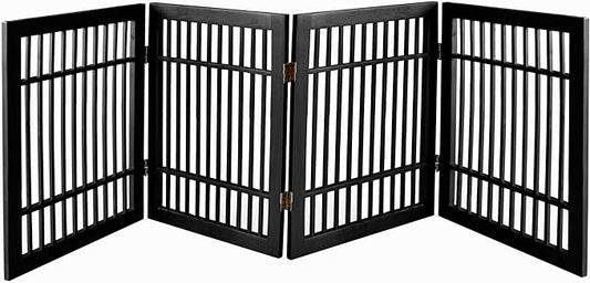 Pet Dog Gate Strong and Durable Freestanding Folding Acacia Hardwood Portable Wooden Fence Indoors or Outdoors by Urnporium (Black Pet Gate, 4 Panel 24" Tall)