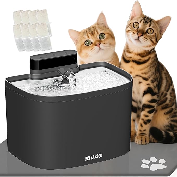 PET LAYSON Pumpless Cat Water Fountain, Smart Cordless Fountains Battery Operated, 3.6L/122oz with Maglev Valve Technology Wireless Rechargeable Water Dispenser for Cat &Dog(Black01, M1-8 Filter)