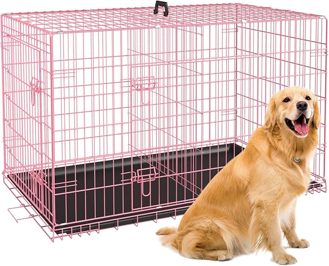 BestPet | Dog Crate | 42" | Pink | Foldable Metal Kennel with Double Doors, Secure Slide-Bolt Latches, Leakproof Tray | Portable Dog Cage for Large Breeds | for Travel, Indoor & Outdoor Use
