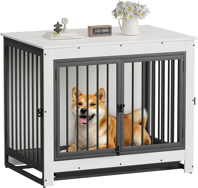Dog Crate Furniture, Dog Crate End Table for Medium and Large Dogs,Wooden Cage Kennel Furniture Indoor, Modern Dog Crate with Multi-Purpose Removable Tray, Double-Doors Dog Furniture, White