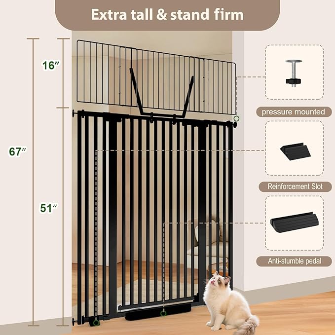 67" High Extra Tall Cat Gate for Doorway, 29.5-49.21" Extra Wide Pet Gate Pressure Mounted Baby Gates for Dogs Pets, Easy Walk Through Cat Proof Gate(Black)
