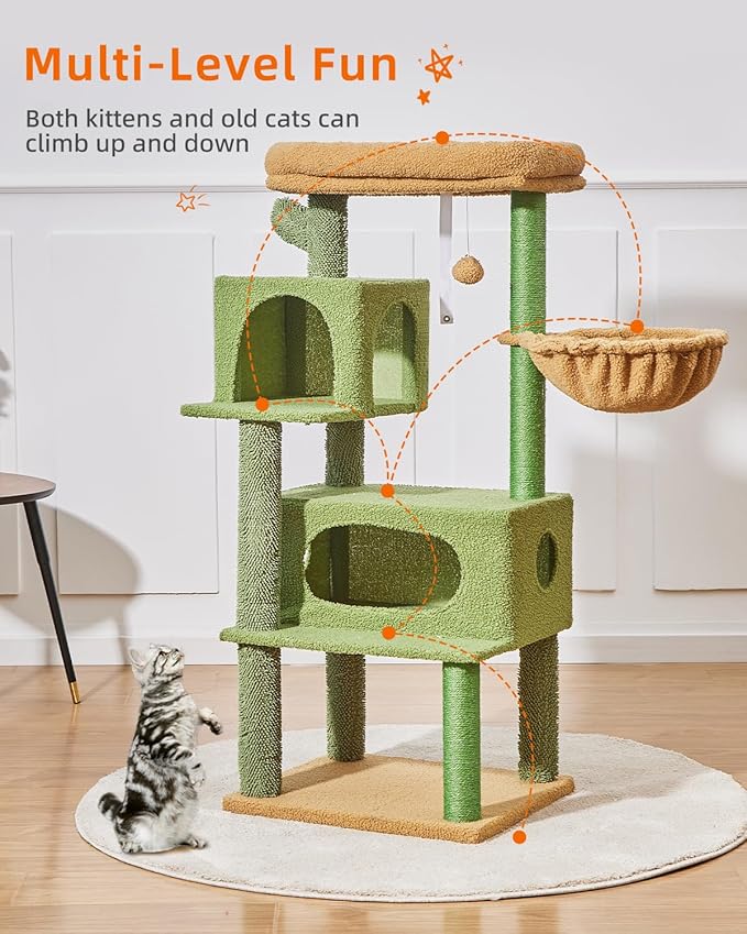 Taoqimiao Cat Tree,49-Inch Cat Tower for Indoor Cats,2 Luxurious cat condo with Adjustable Large Hanging Baskets and Large Luxurious Perch Smoky Gray MS029LT Cactus
