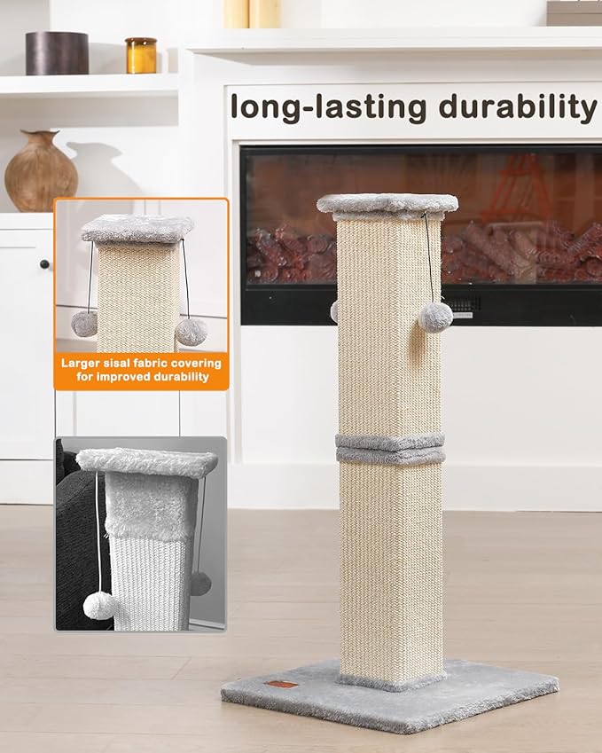 Cat Scratching Post, 33Inch Tall Cat Scratch Post for Indoor Cats Adults and Kitten, Sisal Cat Scratcher with Hanging Balls (Grey)