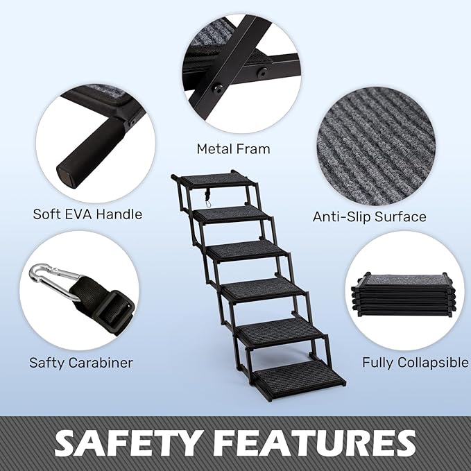 Extra Wide Dog Steps for Car, Truck and SUV - Foldable Pet Stairs for Large Dogs with Non-Slip Rug Surface, Lightweight Dog Ramp Holds Up to 250lbs, 6 Steps