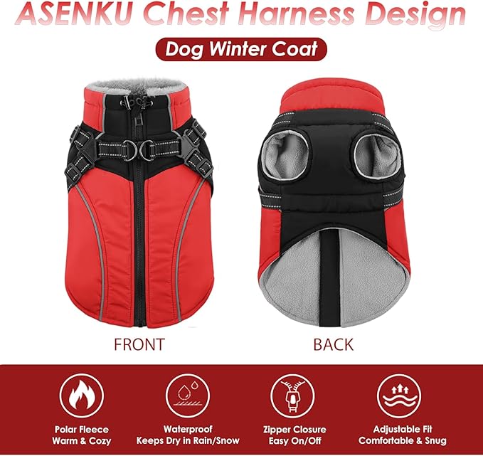 ASENKU Reflective Dog Coat with Built-in Harness, Windproof Fleece-Lined Dog Jacket for Small, Medium, Large Dogs, Warm Winter Vest with Turtleneck & Zipper (Red 2XL)