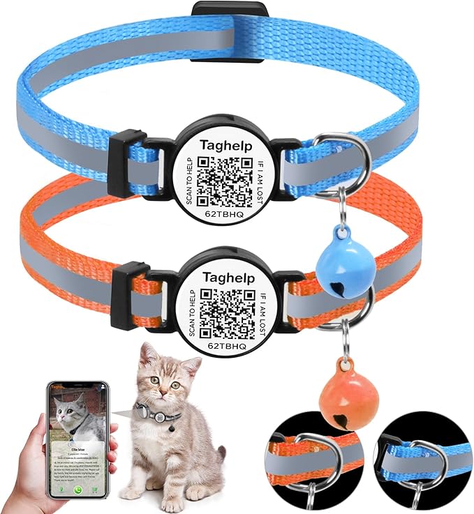Smart QR Code Cat Collar 2-Pack, Breakaway Reflective Collar with Permanent Online Profile, Adjustable 7.5-12.5 Inch Safety Collar for Cats (Orang & Blue)
