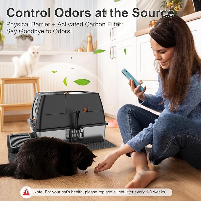 Stainless Steel Litter Box with Lid, XL Extra Large Litter Box, Enclosed Top Entry Metal Litterbox for Big Cat, Easy Cleaning, Anti-Leakage & High Sided with Mat, Aisle & Scoop Black