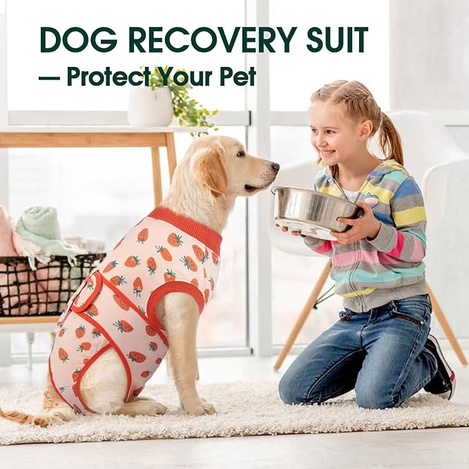 Kuoser Dog Recovery Suit for Female Male Dogs, Post-Surgery Bodysuit for Spay Neuter, Dog Onesie After Surgery, Anti-Licking Pet Surgical Recovery Suit, PinkStrawberry XS