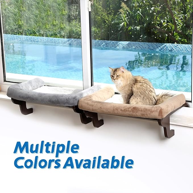 Zakkart Cat Perch for Window Sill with Bolster - Orthopedic Hammock Design with Premium Hardwood & Robust Metal Frame - Cat Window Seat for Large Cats and Kittens - Dark Stained Wood with Gray Bed
