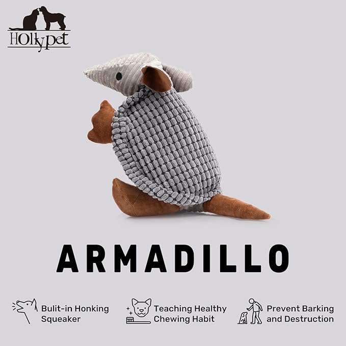Hollypet Plush Dog Squeaky Toy Stuffed Armadillo Animal Pet Puppy Chew Toys with Clean Teeth for Small Medium Large All Breed Sizes Dogs, Dark Gray, 14 in