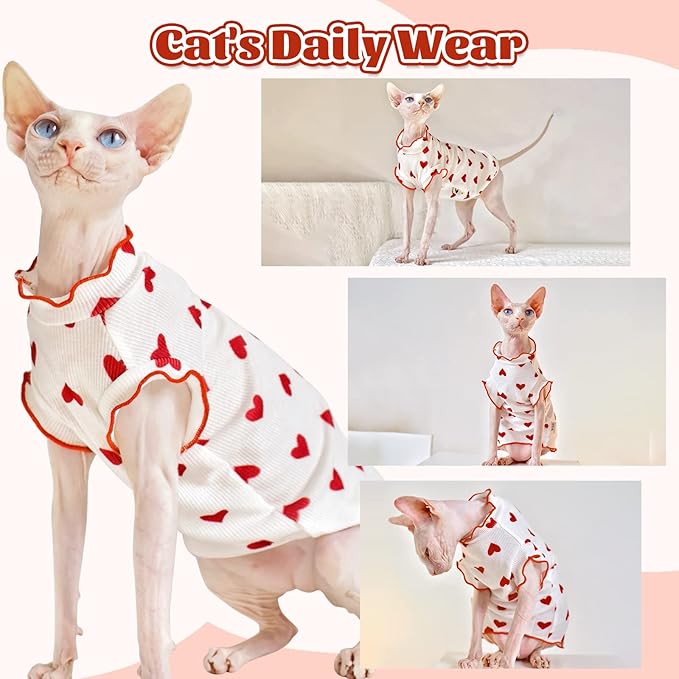 DENTRUN Heart Pattern Sphynx Hairless Cats Shirt, Kitten T-Shirts with Perlin Sleeves, Breathable Cat Wear Cute Sweater Adorable Hairless Cat's Clothes Vest Pajamas Jumpsuit