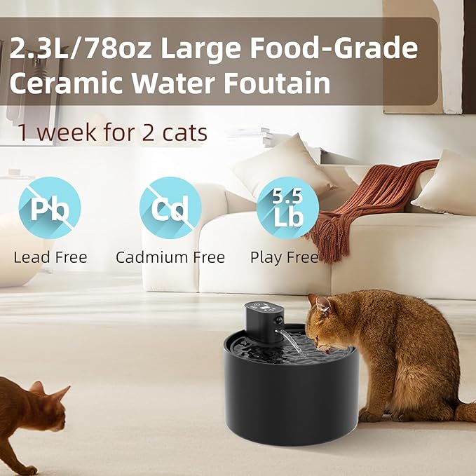 Ceramic Cat Water Fountain,Cat Water Fountain Cordless Automatic with Ultra-Quiet Pump and 4 Filter for Cats, Dogs, Multiple Pets