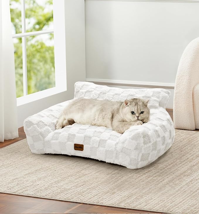 MADE 4 PETS Cat Beds for Indoor Cats, Cat Couch Bed, Soft Faux Fur Checkered Pet Sofa, Calming Fluffy Kitten Sofa with Supportive Foam, Removable Washable Cover with Non-Slip Base, White, Small