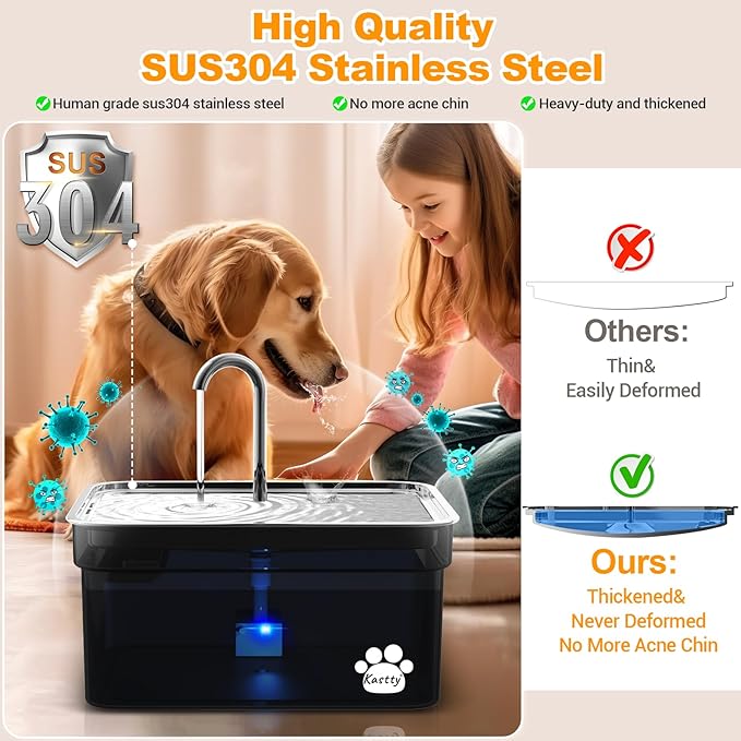 Kastty Dog Water Fountain for Large Dogs, 2.8Gal/10.5L Stainless Steel Cat Water Fountain, Super Quiet Smart Pet Water Fountain Automatic Dog Water Bowl Dispenser with LED Pump, Easy to Assemble Clean