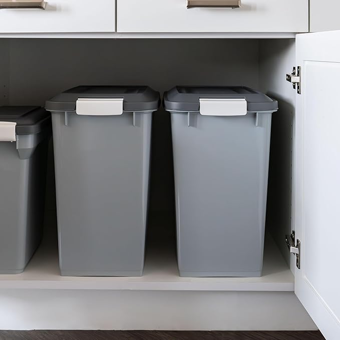 IRIS USA Dog Food Storage Container with Wheels, Airtight Lid, 2-Cup Scoop, Up to 30 Pounds Pet Food Storage, Built in Scoop Storage in Lid, Pet Food Bin, Portable, BPA Free, 2 Pack, Gray/Dark Gray