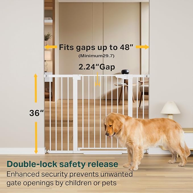Cumbor 36" Extra Tall Baby Gate for Stairs, 29.7-48" Wide Dog Gate for Doorways, Pressure Mounted Auto-Close Pets Gates for Dogs Indoor, Durable Safety Child Gate, Mom's Choice Awards Winner, White