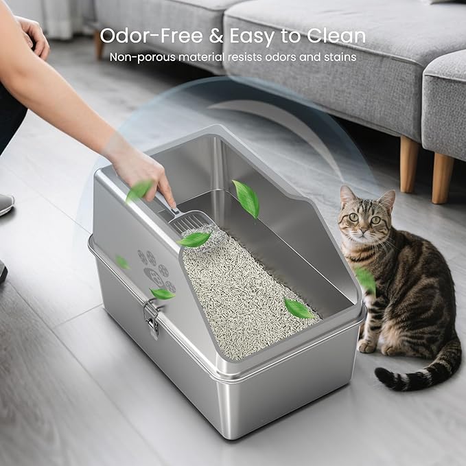 KPWACD Enclosed Stainless Steel Cat Litter Box with Lid, XL Extra Large Non-Stick Metal Litter Pan for Big Cats, High-Sided Kitten Toilet Enclosure, Non-Stick, Anti-Leakage, Easy Cleaning