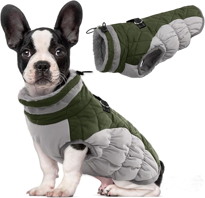 Lelepet Dog Coat Warm Dog Winter Coat Waterproof Dogs Jacket with Harness Built in Reflective Pet Fleece Vest Zip-Up Cold Weather Coats for Dogs Turtleneck & Windproof Coats Chihuahua Army Green XS