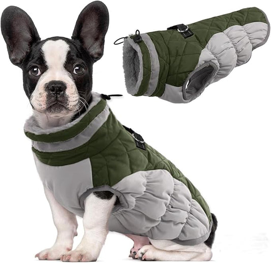 Lelepet Dog Coat Warm Dog Winter Coat Waterproof Dogs Jacket with Harness Built in Reflective Pet Fleece Vest Zip-Up Cold Weather Coats for Dogs Turtleneck & Windproof Coats Chihuahua Army Green XS