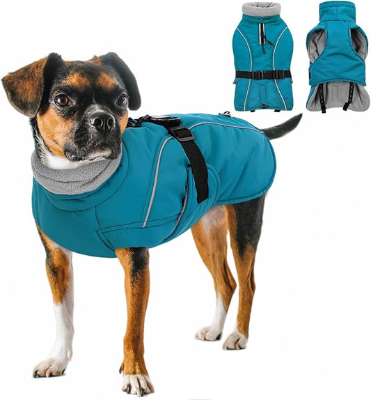 Queenmore Medium Dog Coat, Winter Dog Jacket, Waterproof Puffy Dog Snowsuit, Adjustable Reflective Fleece Lining Warm Padding Parka for Cold Weather, Blue M