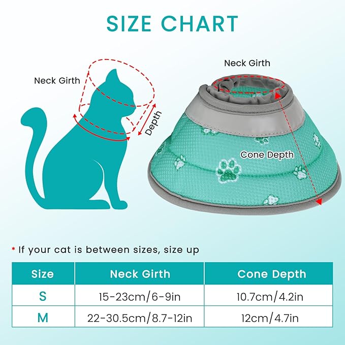 Cat Cone Collar Soft, Cat Recovery Collar Stop Licking After Surgery, Kitten Elizabethan Collar, Adjustable, Lightweight, Comfortable - Green, S