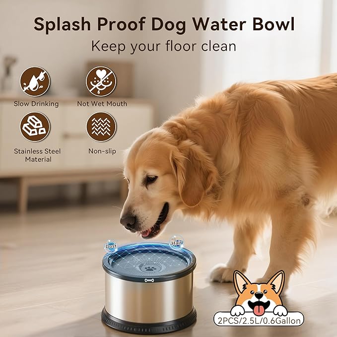 2PCS 2.5L No Spill Dog Water Bowl 84oz Stainless Steel Slow Water Bowls for Small Medium Dogs Splash Proof Pet Bowl with Anti-Slip Mat for Sloppy Messy Drinkers and Cats