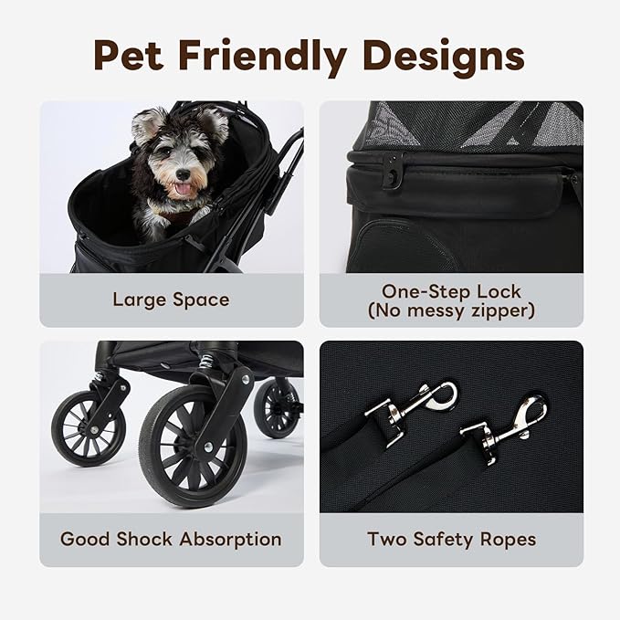 PETTENA Foldable Pet Stroller,4 Wheels Pet Strolling Cart for Small Dogs Cats up to 44 Lbs, Pet Travel Carrier Strolling Cart with Storage Basket, Portable Dog Cat Stroller with Breathable Mesh, Black