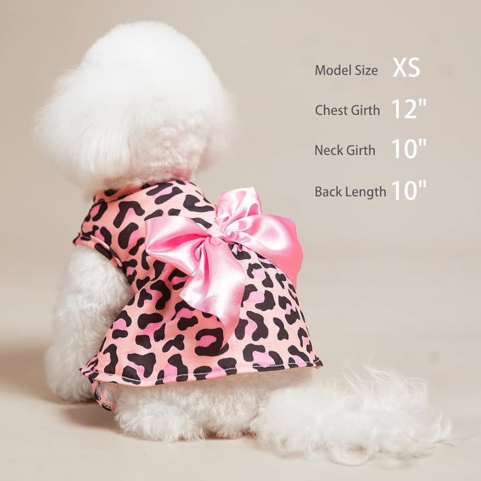PUPTECK Print Dog Dress Pet Apparel with Cute Bowtie Puppy Clothes Outfit, Leopard Print, S