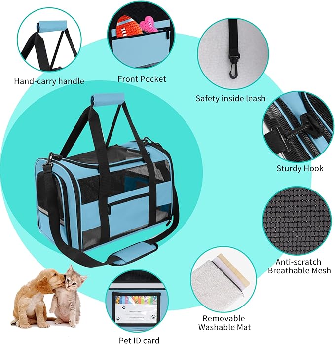 Airline Approved Pet Carrier Backpack for Cats & Dogs, Expandable Collapsible Cat Carrier with Breathable Mesh & Safety Leash, Portable Dog Travel Carrier for Hiking/Car/Train Blue