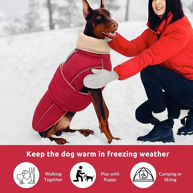 ASENKU Dog Coat & Winter Jacket, Warm Dog Coat for Large Dogs with Reflective, Turtleneck with Button, Waterproof Cold Weather Coats (Dark Red, 2XL)