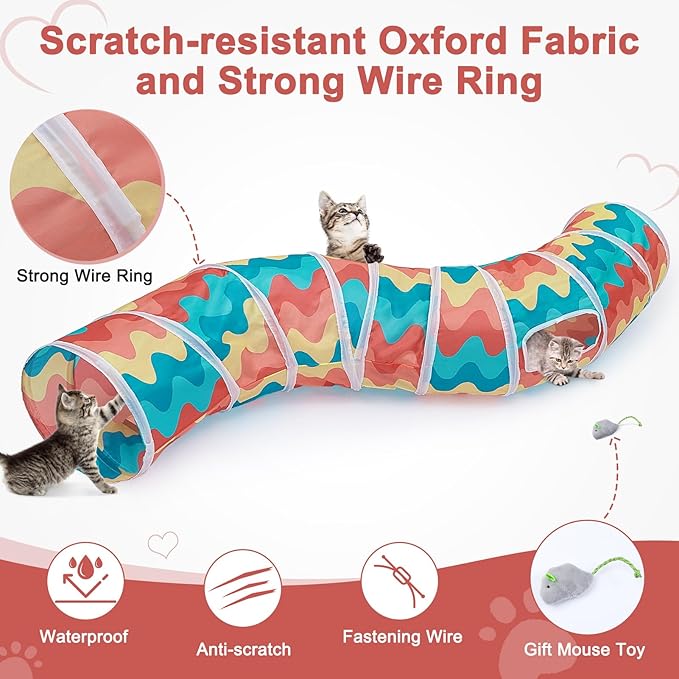 Glittme Cat Tunnel, Cat Tunnels for Indoor Cats, S-Shape Cats Cave with Cat Toys, Foldable Cat Tubes and Tunnels for Cats, Rabbit, Puppy, Guinea Pig