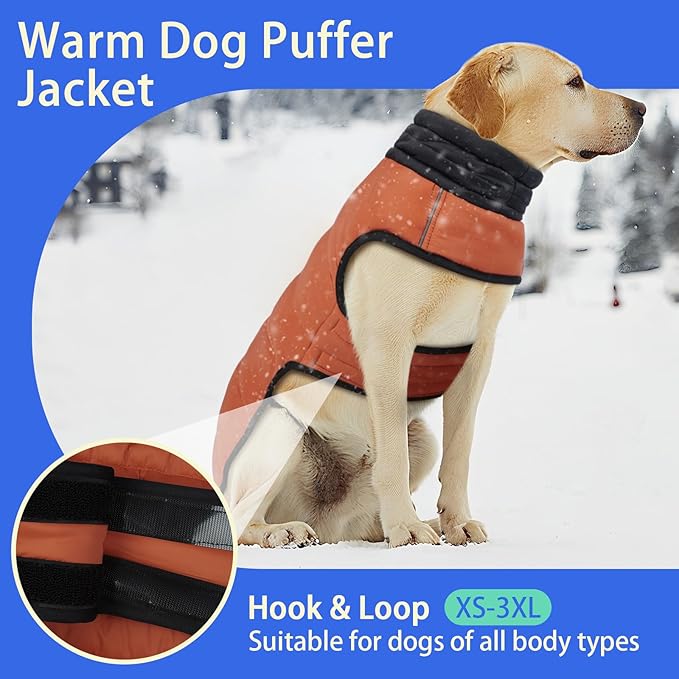 MIGOHI Lightweight Dog Puffer Jacket - Dog Winter Coat with Reflective Strips, Padded Vest with Harness Hole, Warm Snow Jacket Cold Weather, Easy On Hook & Loop Belly for Large Dogs, Caramel, 2XL