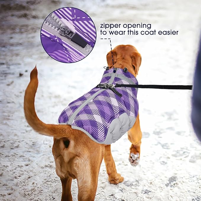 FUAMEY Dog Coat for Large Dogs,Waterproof Dog Winter Jacket with Harness Built in Puppy Cold Weather Coats Reflective Pet Vest with Zipper Warm Fleece Dogs Snowsuit Windproof Purple Plaid 3XL