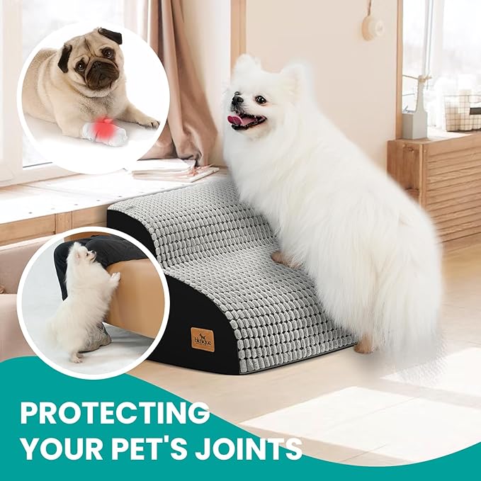 Dog Stairs for Small Dogs, 11.8 in H 2 Step Curved Dog Ramp for Bed and Couch, Foam Dog Ramp with Durable Non-Slip Waterproof Fabric Cover, Pet Stairs for Pets Joints, Light Grey