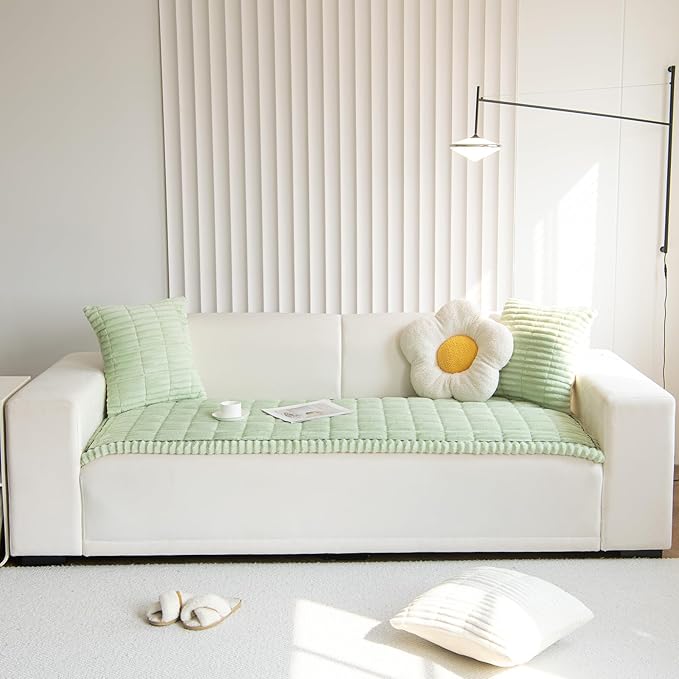 Faux Fur Plush Dog Couch Cover 3D Stripe Fuzzy Sofa Cover Non-Slip Fluffy Dog Bed Cover Pet Blanket Sofa Couch Furniture Protector for Puppy Large Dog Cat (Green,31"x70")