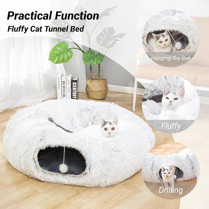 LUCKITTY Warm Fluffy Plush Cat Dog Tunnel Bed Under Christmas Tree Big Tube Playground Toys 3 FT Diameter Longer Crinkle Collapsible 3 Way, for Indoor Cat Kitty Kitten Puppy Rabbit Ferret White